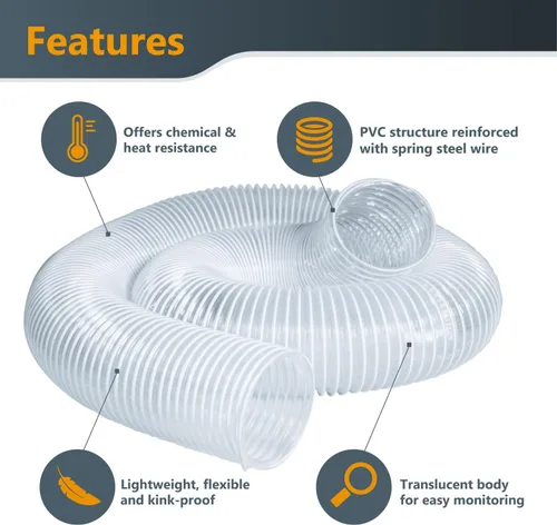 Vista 6 de POWERTEC 70493 Manguera de recogida de polvo de PVC de 2-1/2 pulgadas x 5 pies con 2 abrazaderas de manguera de llave de acero inoxidable, reductor