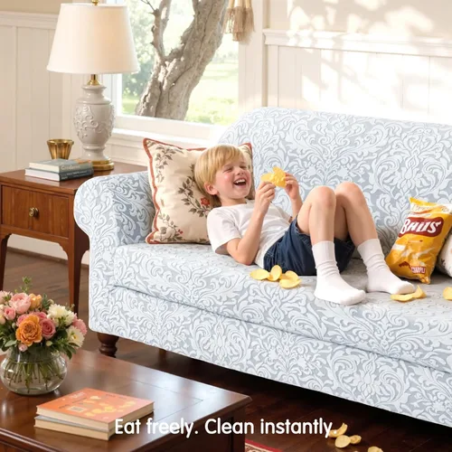 Vista 3 de SUBRTEX Fundas para sofá de 2 piezas, diseño de damasco jacquard de 3 plazas con cojín de asiento, fundas elásticas para sofá, protector de muebles