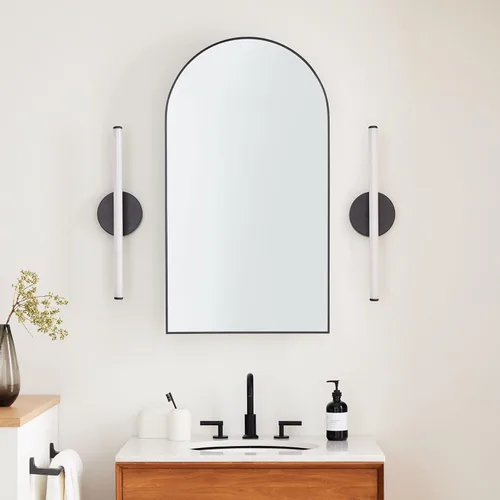 Vista 2 de Botiquín de baño empotrado en arco dorado cepillado con espejo de acero inoxidable con marco de metal rectangular con espejo de 16 x 28.3 pulgadas