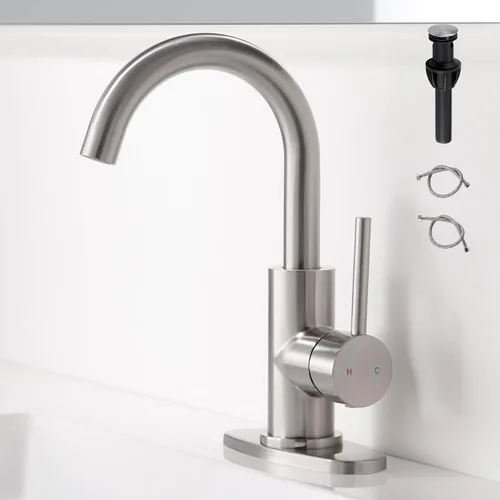 Vista 10 de Grifos de Baño Dorados – Grifo de Lavabo de Cascada de Un Solo Agujero con Conjunto de Drenaje, Grifos de Baño de Cascada de Oro Cepillado con Caño