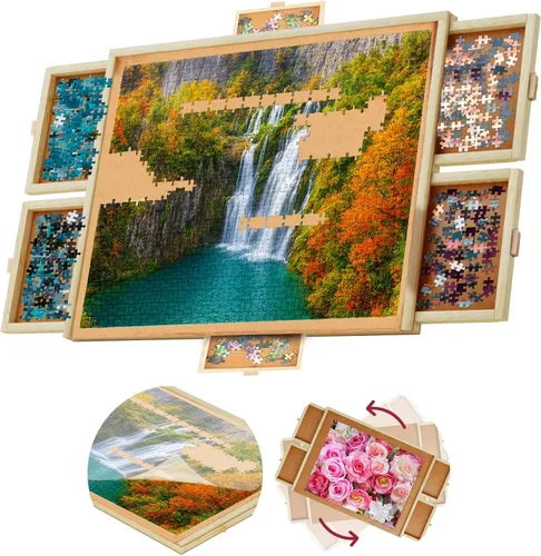 Vista 11 de Tablero de rompecabezas giratorio de 1000 piezas con cajones y cubierta, 4 cajones, mesa de rompecabezas de madera 30 x 22 pulgadas Tablero