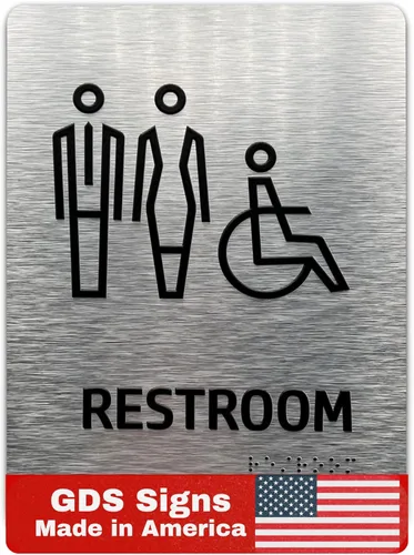 Vista 11 de GDS - Letrero de baño para baño con todo género, compatible con la ADA, accesible para silla de ruedas, iconos elevados y braille de grado 2
