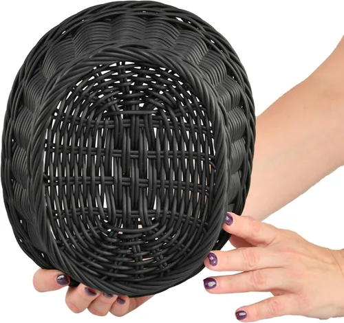 Vista 5 de HOME-X Cesta de mimbre tejida de plástico ovalado, cestas de pan, decoración de mesa y almacenamiento, color oscuro Gey, 9.5 pulgadas de largo x 8