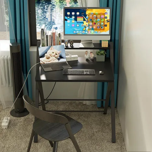 Vista 2 de GreenForest Escritorio plegable sin montaje, escritorio compacto de 2 niveles para computadora con estante, mesa plegable que ahorra espacio