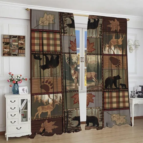 Vista 4 de Cortina de estilo rústico retro, alce, ciervo, hojas de árbol, estilo campestre, cortinas opacas para sala de estar, cocina, sala de estudio Estilo 1