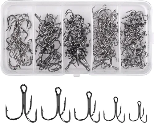 Vista 9 de Fishing Treble Hooks Assortment, Sharp Brabed Triple Fishing Hooks Set High Carbon Steel Round Bend for Trout Catfish Lures Freshwater Saltwater