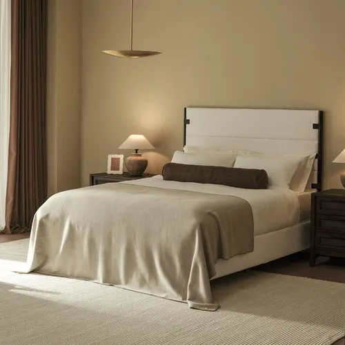 Vista 7 de RECCI Base de cama de plataforma tapizada Queen con cabecero alto con Crema Boucle