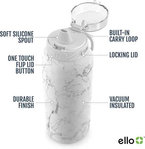 Vista 202 de Ello Cooper Twist - Botella de agua de acero inoxidable de 32 onzas con tapa popote A prueba de fugas Doble pared y aislada al vacío Asa