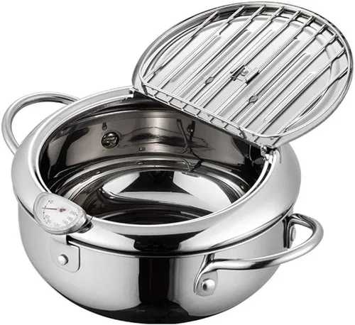 Vista 9 de Olla de acero inoxidable para freidora, sartén tempura, control de temperatura, mini olla de pollo con tapa y estante de filtro de aceite extraíble