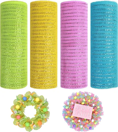 4 rollos de cinta de malla decorativa de Pascua para suministros de fabricación de coronas, 10 pulgadas x 30 pies, cinta metálica de papel de Set B