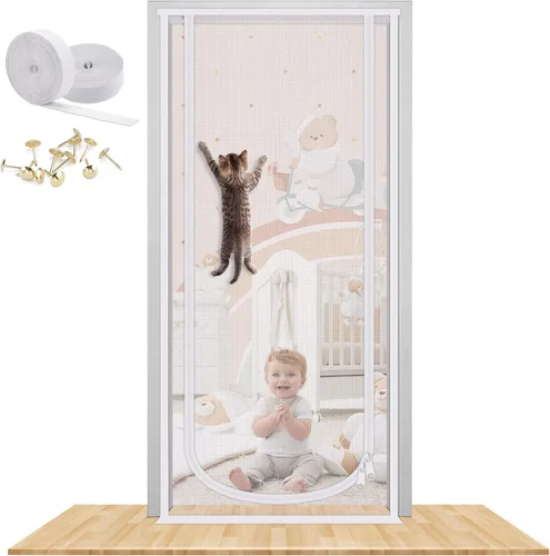 Vista 10 de Nueva puerta de malla reforzada para gatos, se adapta a puerta de 30 x 80 pulgadas, puerta resistente a mascotas con cremallera bilateral, evita que