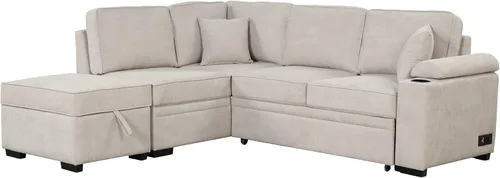 84.75 Inch L Shape Sleeper Sofa Bed with Storage Ottoman, 2 in 1 Pull Out Convertible Sectional Couch for Living Room, Bedroom, Small Apartment,Beige