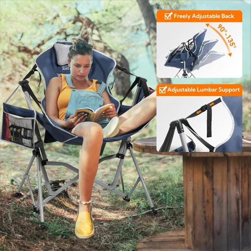Vista 6 de Sillas Hamaca de Camping de Tamaño Grande, Silla Plegable Oscilante con Diseño de 1 Paso, Silla Hamaca Oscilante con Respaldo Ajustable, Soporte