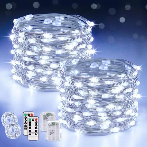 Vista 13 de JMEXSUSS Paquete de 2 luces de hadas de Navidad que funcionan con pilas con control remoto, total 200 LED 66 pies luces de cadena parpadeantes