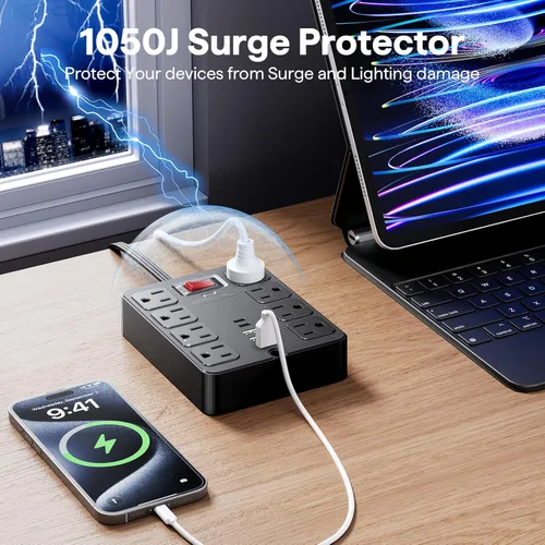 Vista 4 de Tira de alimentación con protector de sobretensiones 13 en 1, enchufe plano, 8 salidas de CA, 3 puertos USB, 1250 W/10 A, cable de extensión de 5