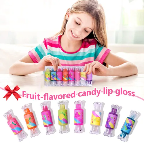 Vista 2 de Mebtmel Lindo brillo de labios para niños, juego de brillo de labios con purpurina para niñas de 6 piezas con forma de dulce, bálsamo labial