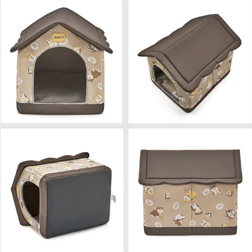 Vista 3 de Jiupety Casa para perros de interior, tamaño S, para perros pequeños y gatos, cama nido cálida para gatos y perros, color marrón
