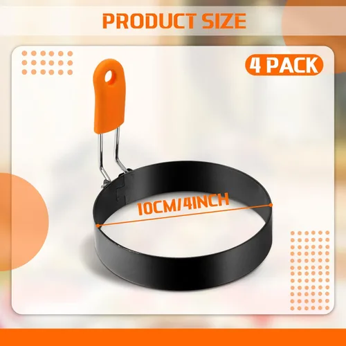 Vista 3 de Patelai Juego de 4 anillos profesionales para panqueques, de acero inoxidable, con mango de silicona naranja para desayuno, tortitas (4 pulgadas)