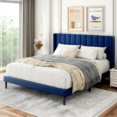 Vista 48 de Base de cama tamaño Queen con cabecera tapizada con respaldo de ala, plataforma de fácil montaje, soporte de listones de madera, no necesita somier