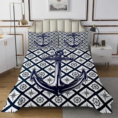Erosebridal Juego de ropa de cama de ancla náutica, tamaño Queen, juego de edredón azul marino con temática oceánica, juego de colcha de brújula