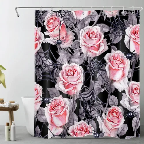Scary Halloween Shower Curtain for Bathroom Decor, Horror Spider Web and Pink Floral on Black Shower Curtain Set Spooky Halloween Night Shower