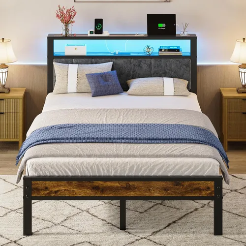 Vista 10 de Liians Base de cama de plataforma de tamaño individual con luces LED, cabecera tapizada gris con estantes de almacenamiento de 2 niveles, estación