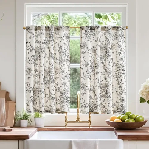 Vista 17 de Jinchan - Cortinas de lino para cafetería, 24 pulgadas, color negro, floral, estilo granja, 2 paneles