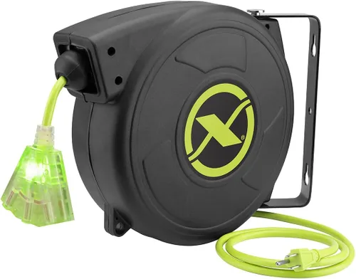 Flexzilla Extensión Retráctil, 14/3 AWG SJTOW, 50', Carrete de Cable Eléctrico con Toma Triple y Conexión a Tierra, ZillaGreen, FZ8140503