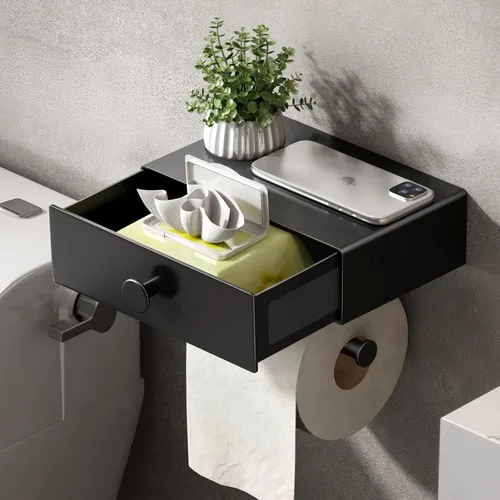 Vista 12 de VOLDRA Soporte de papel higiénico con estante para teléfono, soporte de papel higiénico autoadhesivo o con tornillos, soporte de rollos de papel