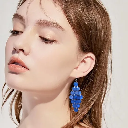 Vista 2 de Aretes colgantes en capas con cuentas de disco hechos a mano, multicolor, naranja, rojo, azul, para mujer