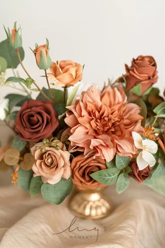 Vista 3 de Ling's moment Flores artificiales de terracota con jarrón para decoración de mesa de boda, ramo de centro de mesa, flores en maceta para ceremonia