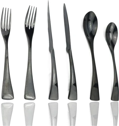 JASHII Juego de cubiertos negros de 24 piezas, juego de vajilla de acero inoxidable 18/10 para 4, incluye cuchillo, tenedor/cuchara, pulido con