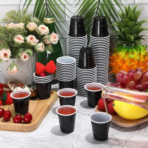 Vista 5 de Roshtia Paquete de 100 vasos de plástico de 2 onzas, mini vasos de chupito desechables de graduación de 2 onzas para fiesta de graduación, boda