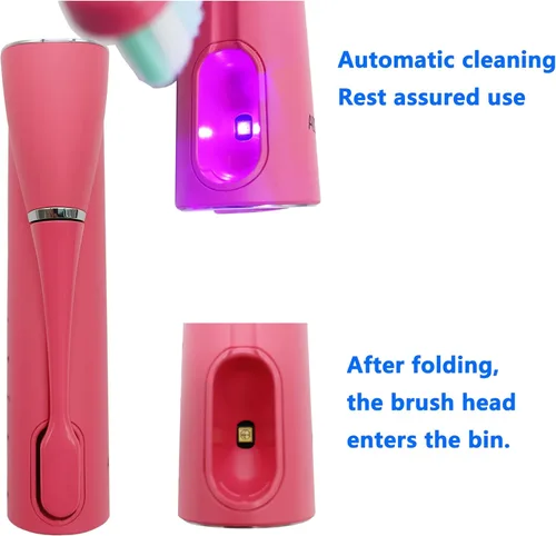 Vista 3 de Cepillo de dientes eléctrico sónico plegable rosa autolimpiante de viaje recargable portátil. 4 cabezales de cepillo. Bolsa de viaje.