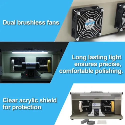 Vista 5 de Pulidor de joyas - Bufadora de banco ajustable de velocidad variable, máquina pulidora y de búfer, búfer dental y torno - Con campana colectora