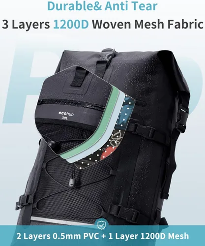 Vista 6 de ECOHUB Mochila impermeable para mujeres y hombres, bolsa seca resistente de 30L con cierre enrollable para viajes con funda impermeable IPX8