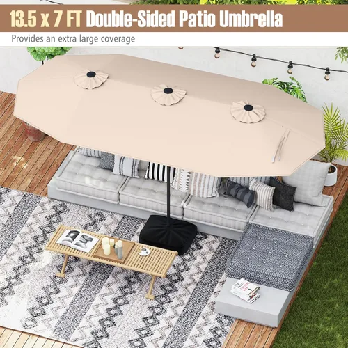 Vista 3 de Tangkula Sombrilla de patio de doble cara de 13 pies, sombrilla de mesa doble extragrande con manivela, base de paraguas, cerradura de seguridad