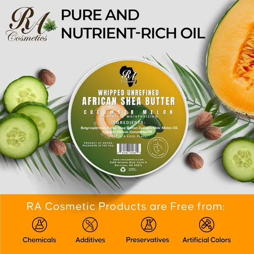 Vista 6 de RA COSMETICS Manteca de karité batida con extracto de pepino y melón - Manteca corporal de karité 100% sin refinar de Ghana - Hidrata la piel, nutre
