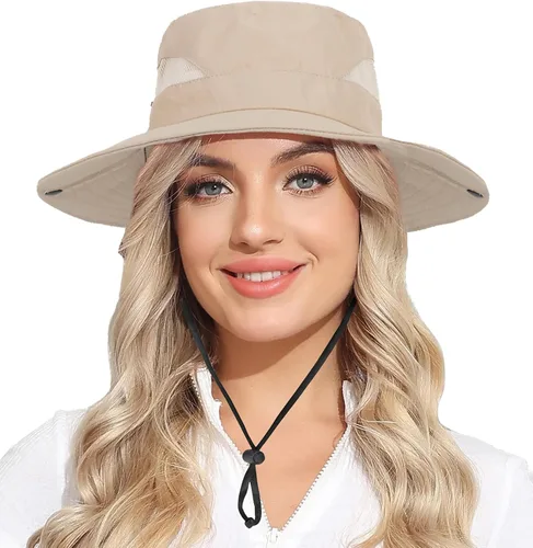 Women Summer Sun Hat Outdoor Sun Protection Bucket Hat Wide Brim Beach Hat Safari Hat Beige