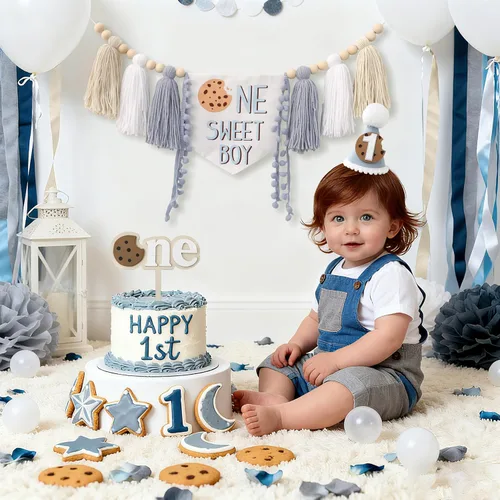 Vista 3 de DCJHFJ Cartel para silla alta con temática de galletas One Sweet Boy para decoración de fiesta de primer cumpleaños con sombrero de cumpleaños