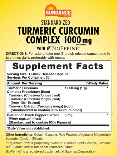 Vista 2 de Sundance Complejo de curcumina de cúrcuma 60 cápsulas con BioPerine Suplemento sin OMG y sin gluten