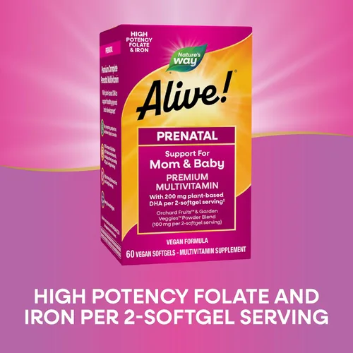 Vista 5 de Nature's Way ¡Alive! Multivitamínico prenatal completo, folato y hierro de alta potencia, 60 cápsulas blandas