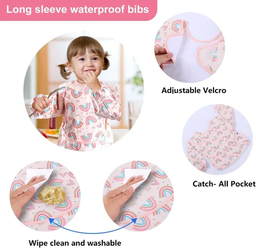 Vista 8 de SPINFOX Paquete de 2 batas de bebé para comer, babero a prueba de desorden, baberos impermeables para bebés de 6 a 24 meses Manga de arco iris rosa