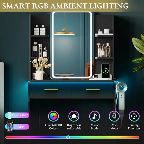 Vista 3 de Escritorio de tocador con espejo de luces LED y toma de corriente, pequeño juego de mesa de tocador de maquillaje con cajones de almacenamiento, 3