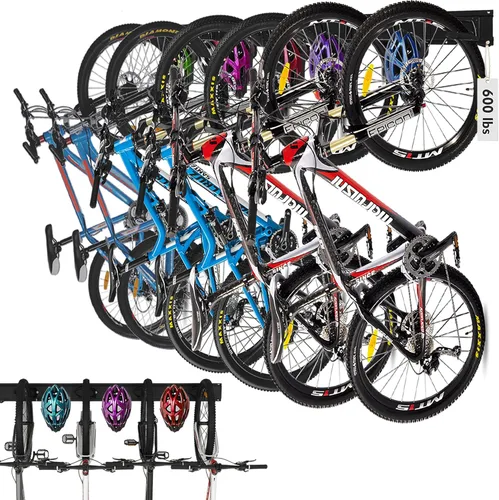 HORUSDY Stainless Steel Bike Storage Rack, 6 Bike Storage Hanger Wall Mount and 6 Helmets Hooks for Home & Garage Holds Up to 600lbs, Black