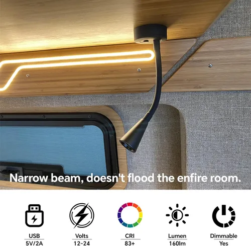 Vista 4 de Acegoo Luz de lectura LED de 12 V, lámpara de lectura regulable con cargador USB, luz de cuello flexible de 12 voltios para barco, cámper