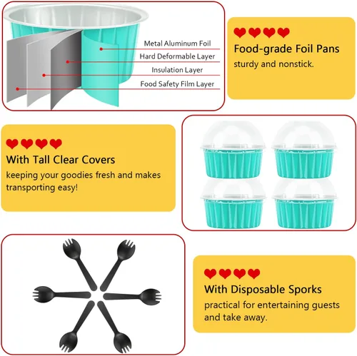 Vista 4 de Moldes para Cupcakes con Tapas de Cúpula Paquete de 100, LNYZQUS Mini Moldes de Aluminio de 5oz para Hornear Tazas para Muffins, Ramekins Azul Cian