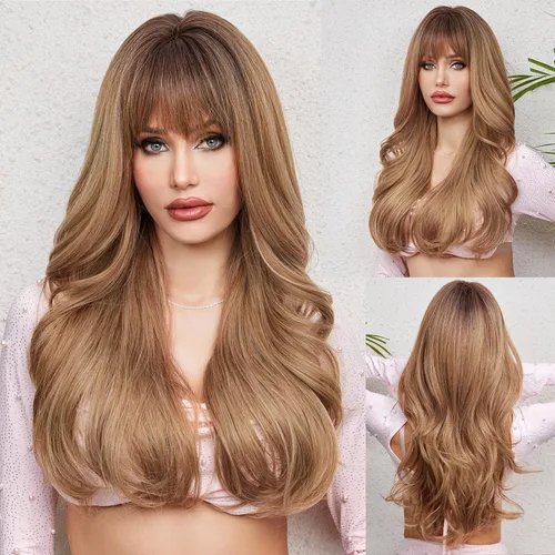 Vista 25 de HAIRCUBE Peluca de color marrón a rubio con flequillo para mujer, peluca de cabello largo ondulado marrón y rubio, pelucas sintéticas rizadas