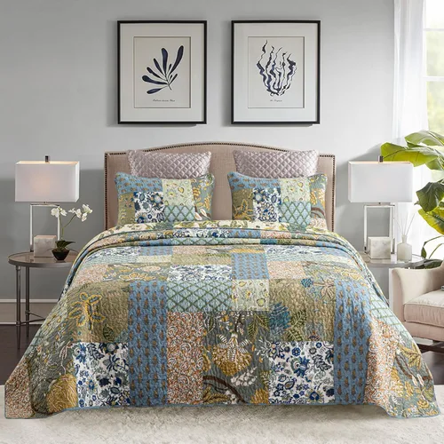 Vista 7 de YAYIDAY - Edredón tamaño Queen, juego de colcha con diseño de retazos - 100% algodón reversible y transpirable con estampado floral acolchado