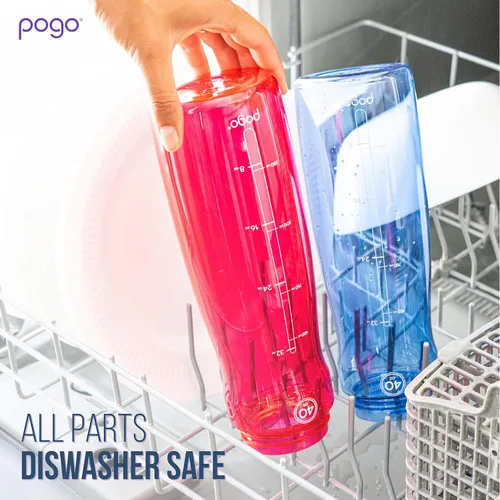 Vista 5 de Pogo Botella de agua de plástico con tapa con popote y asa de transporte, reutilizable, sin BPA, apta para lavavajillas, perfecta para viajes